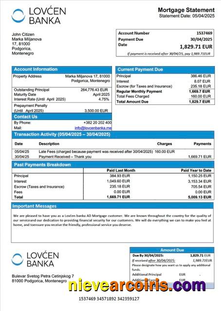 Montenegro Lovćen banka AD mortgage statement Word and PDF template